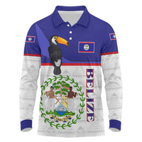 Belize National Emblem Long Sleeve Polo Shirt with Toucan Print and Flag-Inspired Blue Design