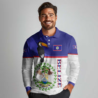 Belize National Emblem Long Sleeve Polo Shirt with Toucan Print and Flag-Inspired Blue Design