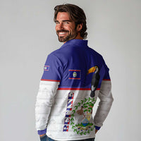 Belize National Emblem Long Sleeve Polo Shirt with Toucan Print and Flag-Inspired Blue Design