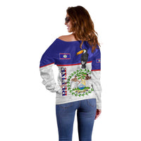 Belize National Emblem Off Shoulder Sweater with Toucan Print and Flag-Inspired Blue Design