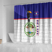 Belize National Emblem Shower Curtain with Toucan Print and Flag-Inspired Blue Design