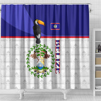 Belize National Emblem Shower Curtain with Toucan Print and Flag-Inspired Blue Design