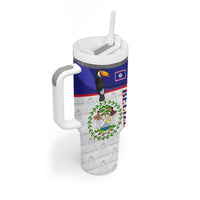 Belize National Emblem Tumbler With Handle with Toucan Print and Flag-Inspired Blue Design