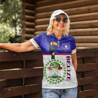 Belize National Emblem Women Polo Shirt with Toucan Print and Flag-Inspired Blue Design