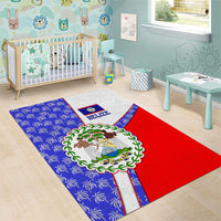 Belize Coat of Arms Area Rug with Palm Pattern and Split Red Blue Design
