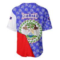 Belize Coat of Arms Baseball Jersey with Palm Pattern and Split Red Blue Design