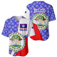 Belize Coat of Arms Baseball Jersey with Palm Pattern and Split Red Blue Design