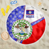 Belize Coat of Arms Beach Blanket with Palm Pattern and Split Red Blue Design