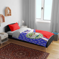 Belize Coat of Arms Bedding Set with Palm Pattern and Split Red Blue Design