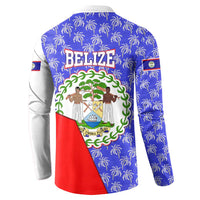Belize Coat of Arms Button Sweatshirt with Palm Pattern and Split Red Blue Design