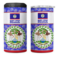Belize Coat of Arms 4 in 1 Can Cooler Tumbler with Palm Pattern and Split Red Blue Design
