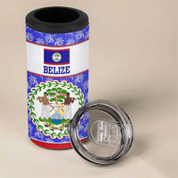 Belize Coat of Arms 4 in 1 Can Cooler Tumbler with Palm Pattern and Split Red Blue Design