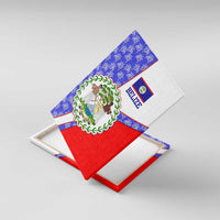 Belize Coat of Arms Canvas Wall Art with Palm Pattern and Split Red Blue Design