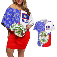 Belize Coat of Arms Couples Matching Off Shoulder Short Dress and Hawaiian Shirt with Palm Pattern and Split Red Blue Design