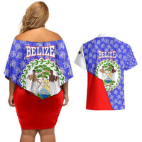 Belize Coat of Arms Couples Matching Off Shoulder Short Dress and Hawaiian Shirt with Palm Pattern and Split Red Blue Design