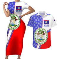 Belize Coat of Arms Couples Matching Short Sleeve Bodycon Dress and Hawaiian Shirt with Palm Pattern and Split Red Blue Design
