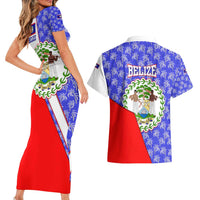 Belize Coat of Arms Couples Matching Short Sleeve Bodycon Dress and Hawaiian Shirt with Palm Pattern and Split Red Blue Design
