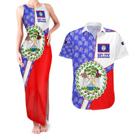 Belize Coat of Arms Couples Matching Tank Maxi Dress and Hawaiian Shirt with Palm Pattern and Split Red Blue Design