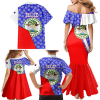 Belize Coat of Arms Family Matching Mermaid Dress and Hawaiian Shirt with Palm Pattern and Split Red Blue Design