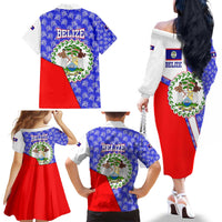 Belize Coat of Arms Family Matching Off The Shoulder Long Sleeve Dress and Hawaiian Shirt with Palm Pattern and Split Red Blue Design
