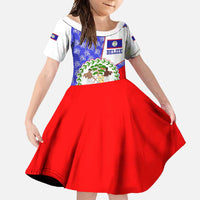 Belize Coat of Arms Family Matching Off Shoulder Maxi Dress and Hawaiian Shirt with Palm Pattern and Split Red Blue Design