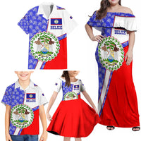 Belize Coat of Arms Family Matching Off Shoulder Maxi Dress and Hawaiian Shirt with Palm Pattern and Split Red Blue Design