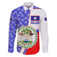 Belize Coat of Arms Family Matching Off Shoulder Maxi Dress and Hawaiian Shirt with Palm Pattern and Split Red Blue Design