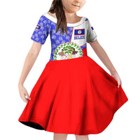 Belize Coat of Arms Family Matching Off Shoulder Short Dress and Hawaiian Shirt with Palm Pattern and Split Red Blue Design