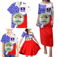 Belize Coat of Arms Family Matching Puletasi and Hawaiian Shirt with Palm Pattern and Split Red Blue Design
