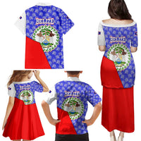 Belize Coat of Arms Family Matching Puletasi and Hawaiian Shirt with Palm Pattern and Split Red Blue Design