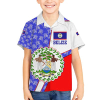 Belize Coat of Arms Family Matching Puletasi and Hawaiian Shirt with Palm Pattern and Split Red Blue Design