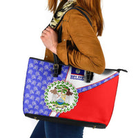 Belize Coat of Arms Leather Tote Bag with Palm Pattern and Split Red Blue Design