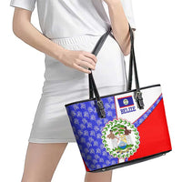 Belize Coat of Arms Leather Tote Bag with Palm Pattern and Split Red Blue Design