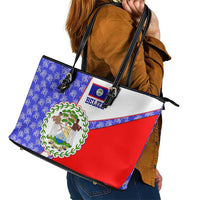 Belize Coat of Arms Leather Tote Bag with Palm Pattern and Split Red Blue Design