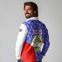 Belize Coat of Arms Long Sleeve Polo Shirt with Palm Pattern and Split Red Blue Design