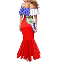 Belize Coat of Arms Mermaid Dress with Palm Pattern and Split Red Blue Design