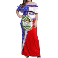 Belize Coat of Arms Off Shoulder Maxi Dress with Palm Pattern and Split Red Blue Design