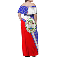 Belize Coat of Arms Off Shoulder Maxi Dress with Palm Pattern and Split Red Blue Design