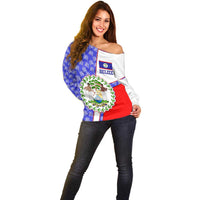 Belize Coat of Arms Off Shoulder Sweater with Palm Pattern and Split Red Blue Design