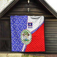 Belize Coat of Arms Quilt with Palm Pattern and Split Red Blue Design