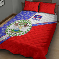 Belize Coat of Arms Quilt Bed Set with Palm Pattern and Split Red Blue Design