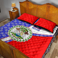 Belize Coat of Arms Quilt Bed Set with Palm Pattern and Split Red Blue Design