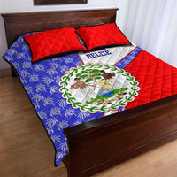 Belize Coat of Arms Quilt Bed Set with Palm Pattern and Split Red Blue Design