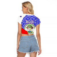 Belize Coat of Arms Raglan Cropped T Shirt with Palm Pattern and Split Red Blue Design