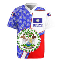 Belize Coat of Arms Rugby Jersey with Palm Pattern and Split Red Blue Design