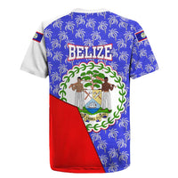 Belize Coat of Arms Rugby Jersey with Palm Pattern and Split Red Blue Design