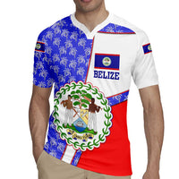 Belize Coat of Arms Rugby Jersey with Palm Pattern and Split Red Blue Design