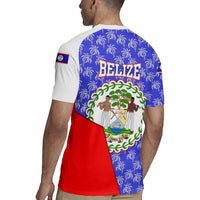 Belize Coat of Arms Rugby Jersey with Palm Pattern and Split Red Blue Design