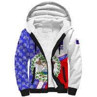 Belize Coat of Arms Sherpa Hoodie with Palm Pattern and Split Red Blue Design