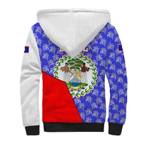 Belize Coat of Arms Sherpa Hoodie with Palm Pattern and Split Red Blue Design